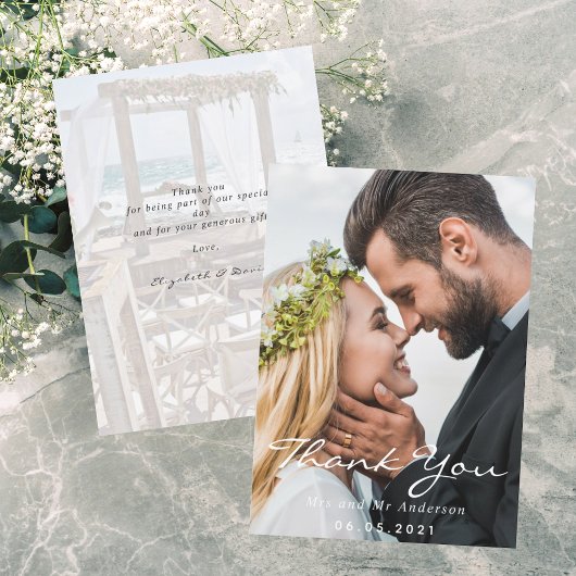 De foto van het huwelijk dankt u manuscript bedankkaart