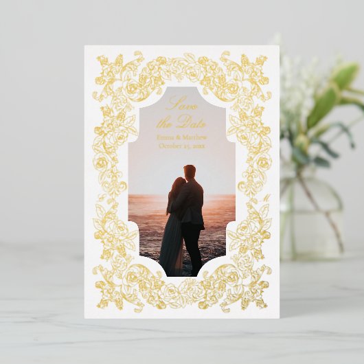 De Foto van Rococo bewaart de Datum Folie Uitnodiging (Staand Voorkant)