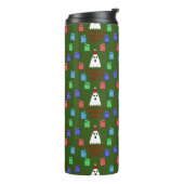 De gastheer van Kerstmis presenteert grappig Thermosbeker (Gedraaid links)
