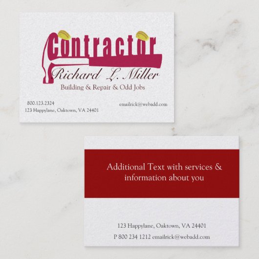De geavanceerde Carpenter Builder Red Hammer Visitekaartje (Voorkant / Achterkant)