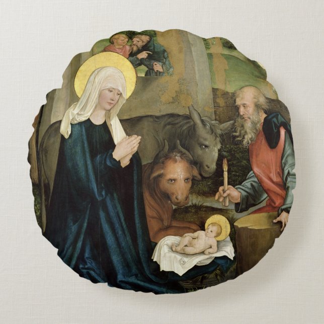 De geboorte van Christus Rond Kussen (Voorkant)
