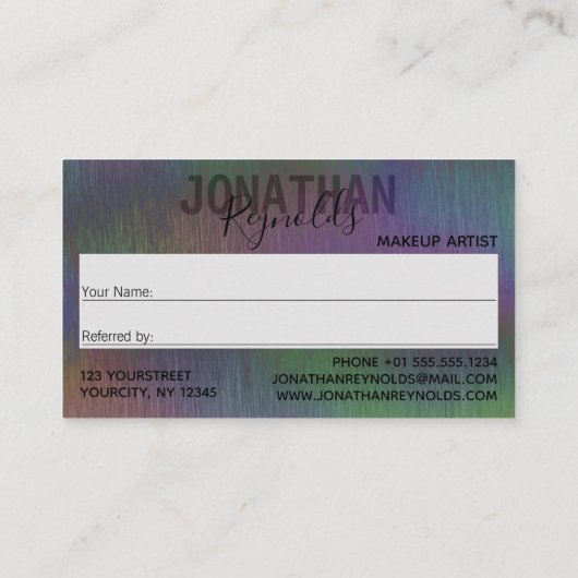 De geborstelde Metale Iridescent Holographic Scrip Aanbevelingskaartje (Achterkant)