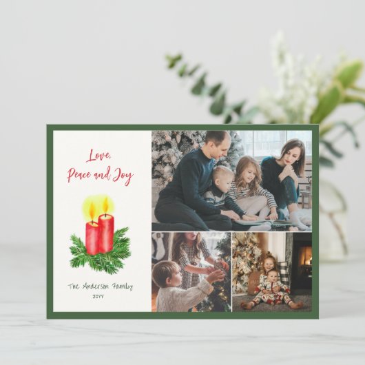De Geest van Kerstmis Liefde Vrede & Joy 3 Foto Feestdagenkaart (Staand voorkant)