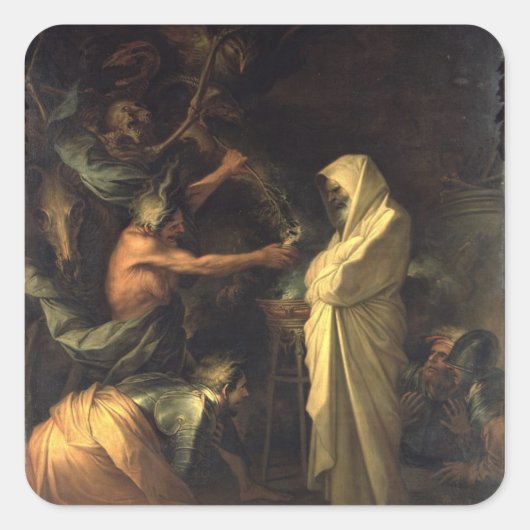 De geest van Samuel die naar Saul schijnt in het u Vierkante Sticker (Voorkant)