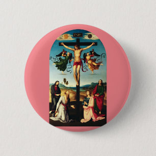 De gekruisigde Christus met de Maagd Maria Ronde Button 5,7 Cm