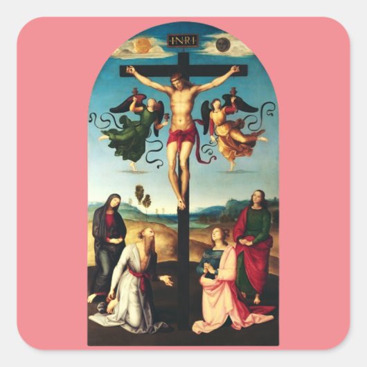 De gekruisigde Christus met de Maagd Maria Vierkante Sticker (Voorkant)