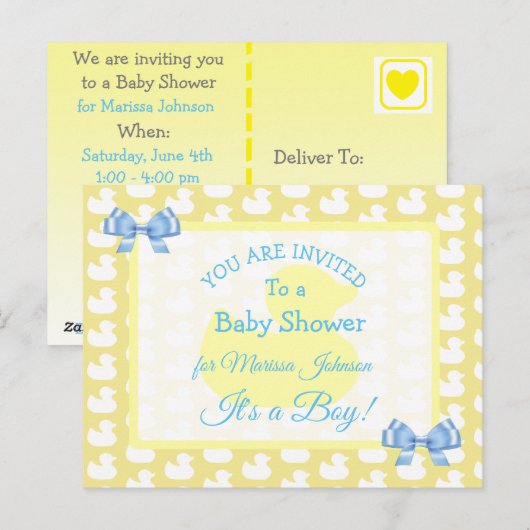 De gele RubberUitnodiging van Duckie Baby'Shower Briefkaart (Voorkant / Achterkant)