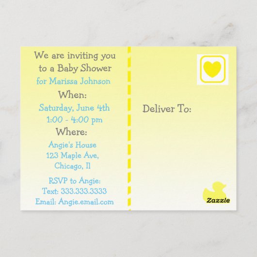 De gele RubberUitnodiging van Duckie Baby'Shower Briefkaart (Achterkant)