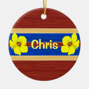 De gele Valse Houten Surfplank van de Hibiscus Keramisch Ornament