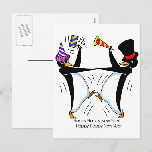 De gelukkige Gelukkige Pinguïnen van het Nieuwjaar Feestdagenkaart (Voorkant / Achterkant)