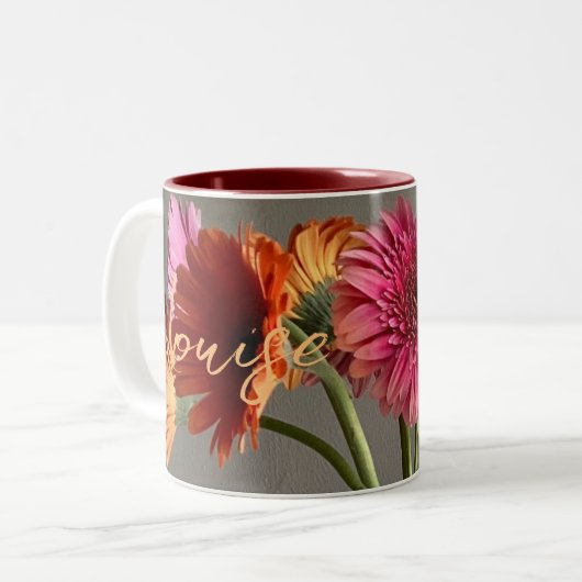 De gelukkige Gerbera Kleurrijke Bloem +Custom Naam Tweekleurige Koffiemok (Voorkant links)