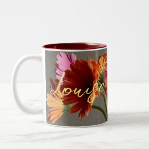 De gelukkige Gerbera Kleurrijke Bloem +Custom Naam Tweekleurige Koffiemok