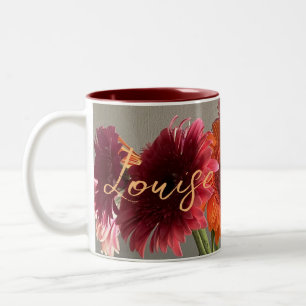 De gelukkige Gerbera Kleurrijke Bloem +Custom Naam Tweekleurige Koffiemok