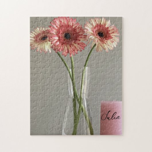 De gelukkige Gerbera Roze Bloem Foto +Custom Naam Legpuzzel (Verticaal)
