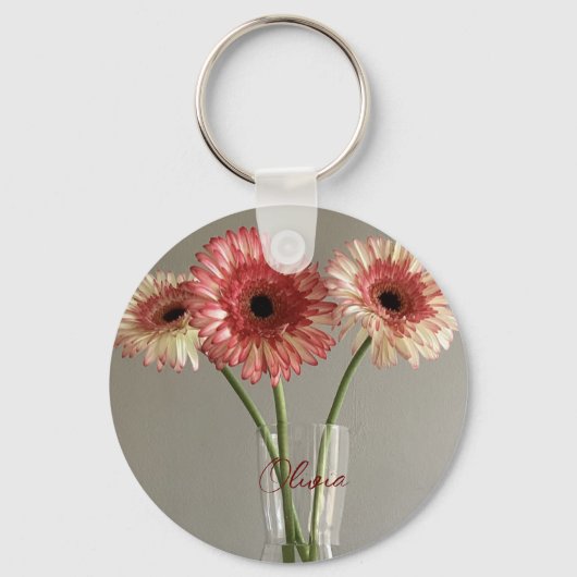 De gelukkige Gerbera Roze Bloem Foto +Custom Naam Sleutelhanger (Voorkant)