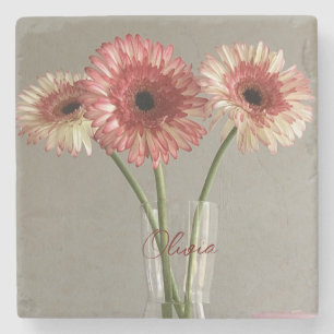 De gelukkige Gerbera Roze Bloem Foto +Custom Naam Stenen Onderzetter