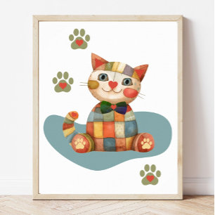 De Gelukkige Kat Kleurrijke Patchwork Op Maat Poster