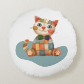 De Gelukkige Kat Kleurrijke Patchwork Uniek Rond Kussen (Achterkant)