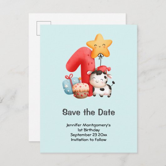 De gelukkige Koe 1st Birthday sparen de Datum Uitnodiging Briefkaart (Voorkant / Achterkant)