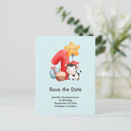 De gelukkige Koe 1st Birthday sparen de Datum Uitnodiging Briefkaart (Staand voorkant)