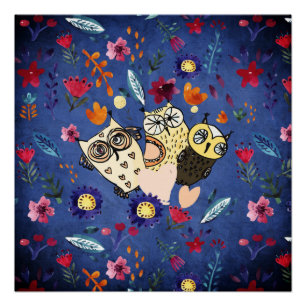 De gelukkige vogelvogelfamilie in de bloementuin poster