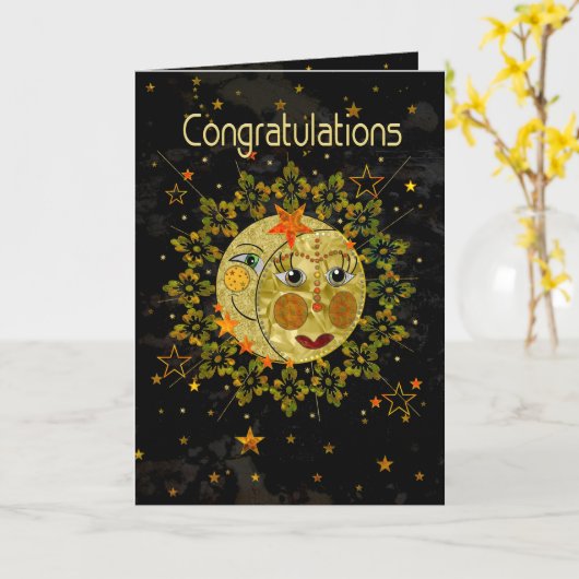 De gelukwensen afstuderen, ZON, MAAN, STERREN, Kaart (Gele Bloem)
