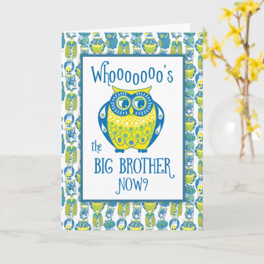 De Gelukwensen van de grote Broer, Leuke Uilen Kaart (Gele Bloem)