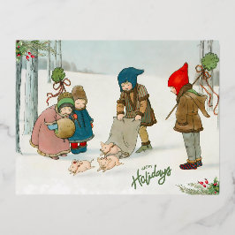 De gelukzaligheid van de winter, vintage folie feestdagen briefkaart