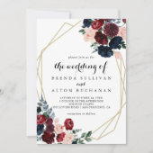 De geometrische Bourgondische marine bloemenbruilo Kaart (Voorkant)