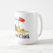 De gepensioneerde Chick op het strand Koffiemok (Voorkant rechts)