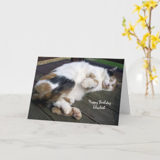 De gepersonaliseerde kat van het Calico krulde Kaart (Gele Bloem)