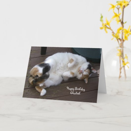 De gepersonaliseerde kat van het Calico krulde Kaart (Gele Bloem)