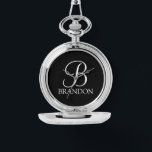 De gepersonaliseerde Sleutelhanger van het Monogra Horloge<br><div class="desc">De gepersonaliseerde eigenschappen van het Monogram en van de Gift van de Naam personaliseerde monogram in de witte klassieke stijl van de manuscriptdoopvont en naam in de witte klassieke stijl van de serif doopvont op zwarte achtergrond. Perfect als vakantiegeschenken, gezinshereniging en voor alle speciale gelegenheden.</div>