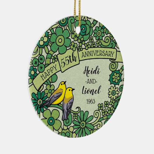 De gepersonaliseerde Smaragdgroene BloemenVogels Keramisch Ornament (Rechts)