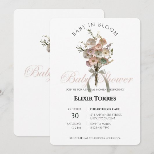 De geperste Wildflower Baby in Bloom Boho Baby sho Kaart (Voorkant / Achterkant)