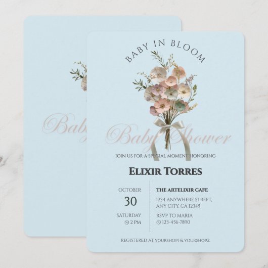 De geperste Wildflower Baby in Bloom Boho Baby sho Kaart (Voorkant / Achterkant)