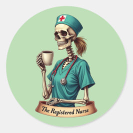 De Geregistreerde Verpleegster Skelet – Koffie & Z Ronde Sticker