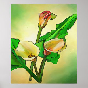 De geschetste Calla Lilies tegen een groene Ombre Poster