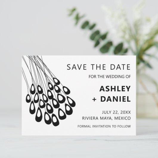 De gestileerde Peacock Veer Weddenschap sparen de  Save The Date (Staand voorkant)