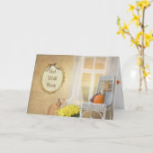 de gestreepte kat kat met de herfstpompoenen wordt kaart (Gele Bloem)