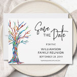 De Gezinshereniging bewaart de Datum Save The Date<br><div class="desc">Vraag uw familie om de datum voor uw familiereünie op te slaan met deze stijlvolle en kleurrijke aankondigingskaart. Het heeft een stamboom in de kleuren van de regenboog. Gemakkelijk aan te passen. Origineel Mozaïek & Waterverf © Michele Davies.</div>