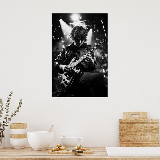 De gitarist op het podium B&W foto Poster (Keuken)