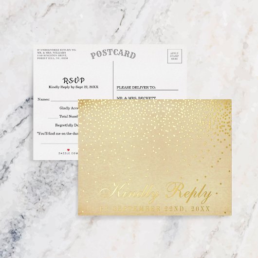 De  Glam Gold Confetti Wedding RSVP Real Folie Uitnodiging Briefkaart