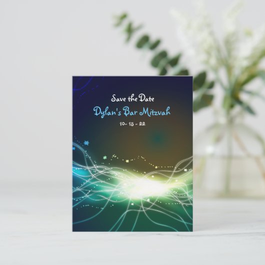 De gloeiende Neon Star Bar Mitzvah bewaart de datu Save The Date (Staand voorkant)
