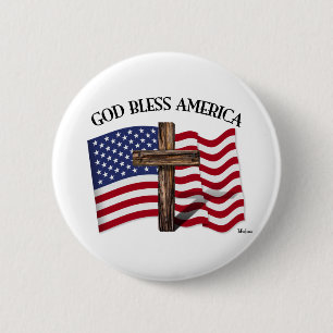 De GOD ZEGENT AMERIKA met ruw kruis & de vlag van Ronde Button 5,7 Cm
