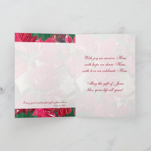 De godsdienstige Kerstkaart van de Poinsettia van Feestdagen Kaart (Binnen)