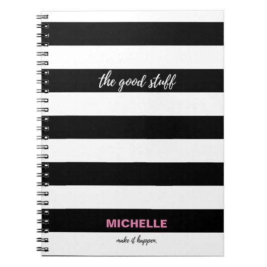 "De Goede dingen" Zwarte en witte strepen, naam Notitieboek (Voorkant)