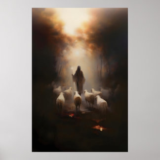 De Goede Herder Aquarel Jezus Met Schapen Poster
