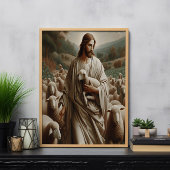 De goede herder die een lam vasthoudt poster