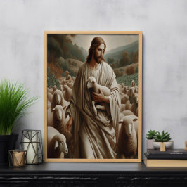 De goede herder die een lam vasthoudt poster